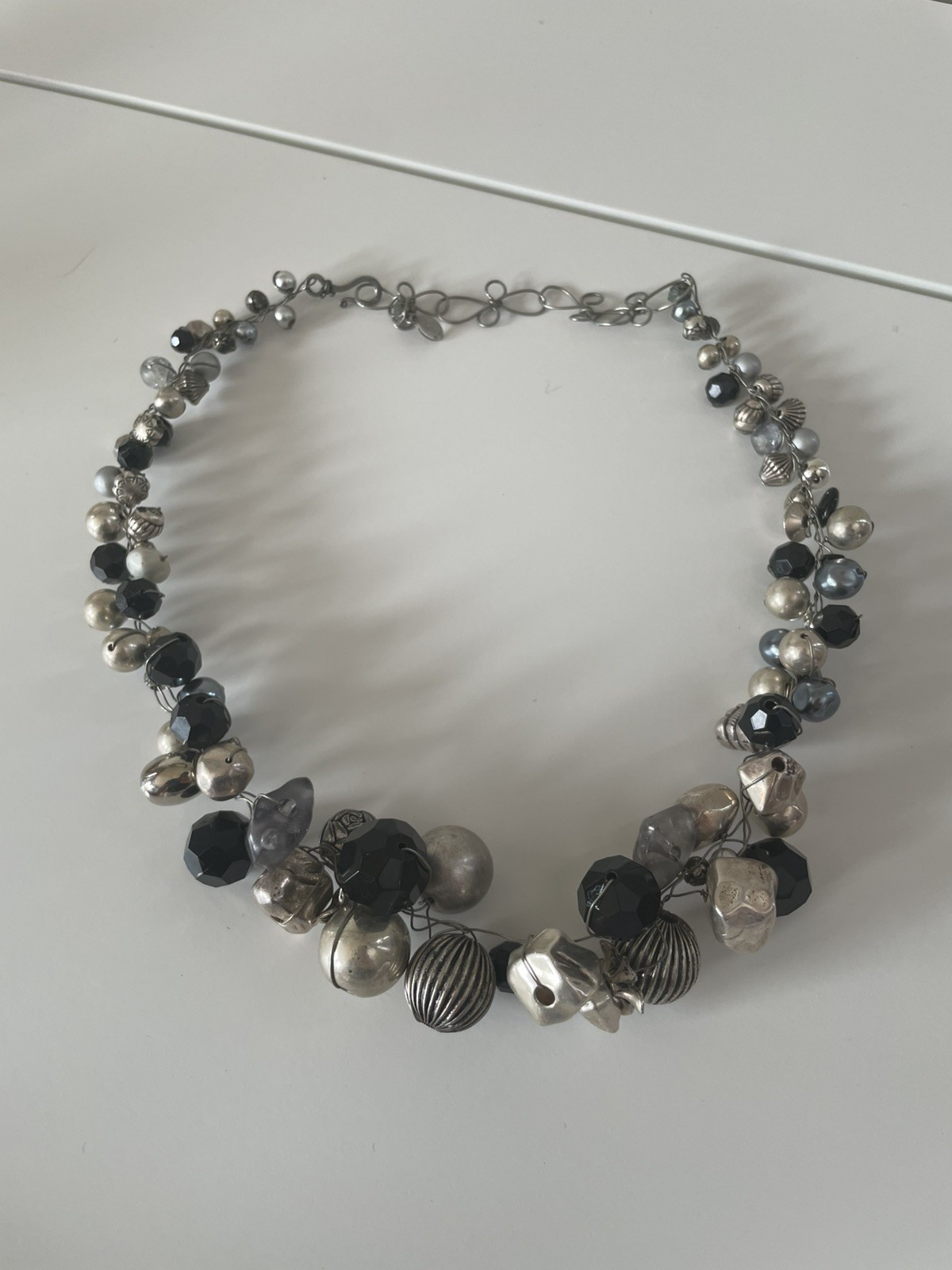 Vintage Signed ABRA Couture Silvertone SEASHELLS Nuggets on Wire 19″ Necklace