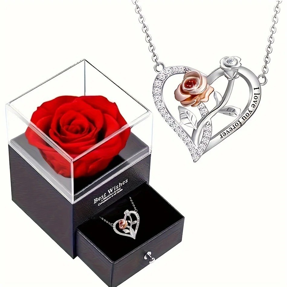 I Love You Forever Necklace With Rose Flower Gift Box For Girlfriend Mother Birt