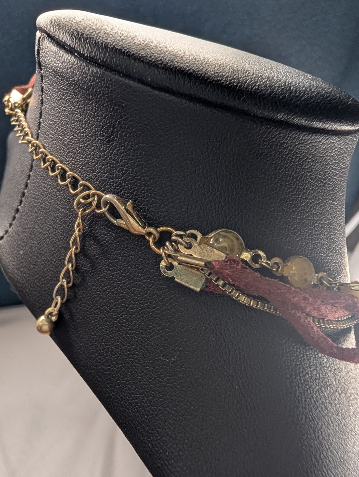 Burgundy Suede Cord Layered Snake Chain Necklace Gold Tone Lobster Adjustable