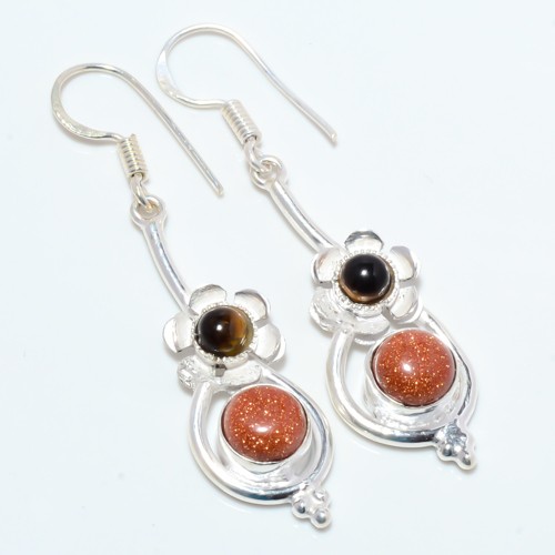 Golden Sunstone & Yellow Tiger Eye Gemstone 925 Silver Plated Earring 2.03″ E9-1
