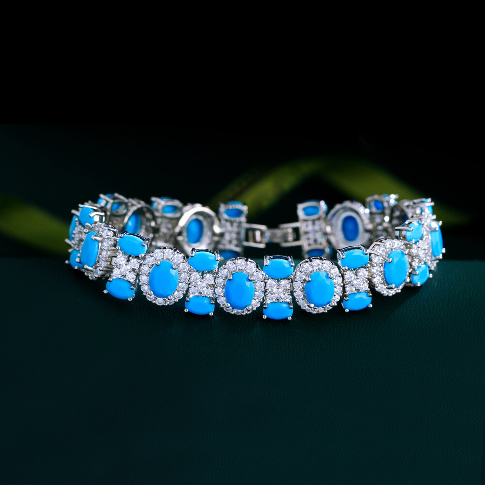 Chunky Cubic Zirconia Blue Turquoise Tennis Women Engagement Wedding Bracelet