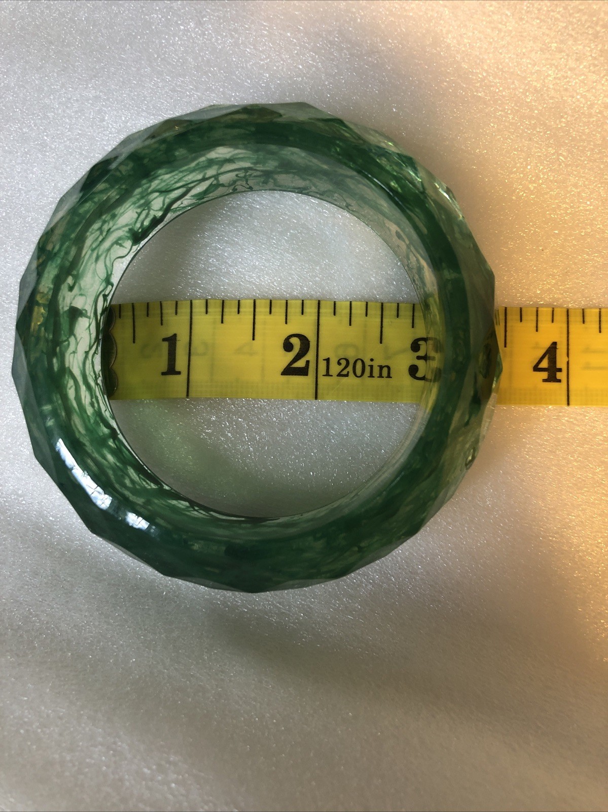 Statement Bangle Clear Acrylic Unique Green Swirls Diamond Cuts 1” Wide 7.5”Cir.