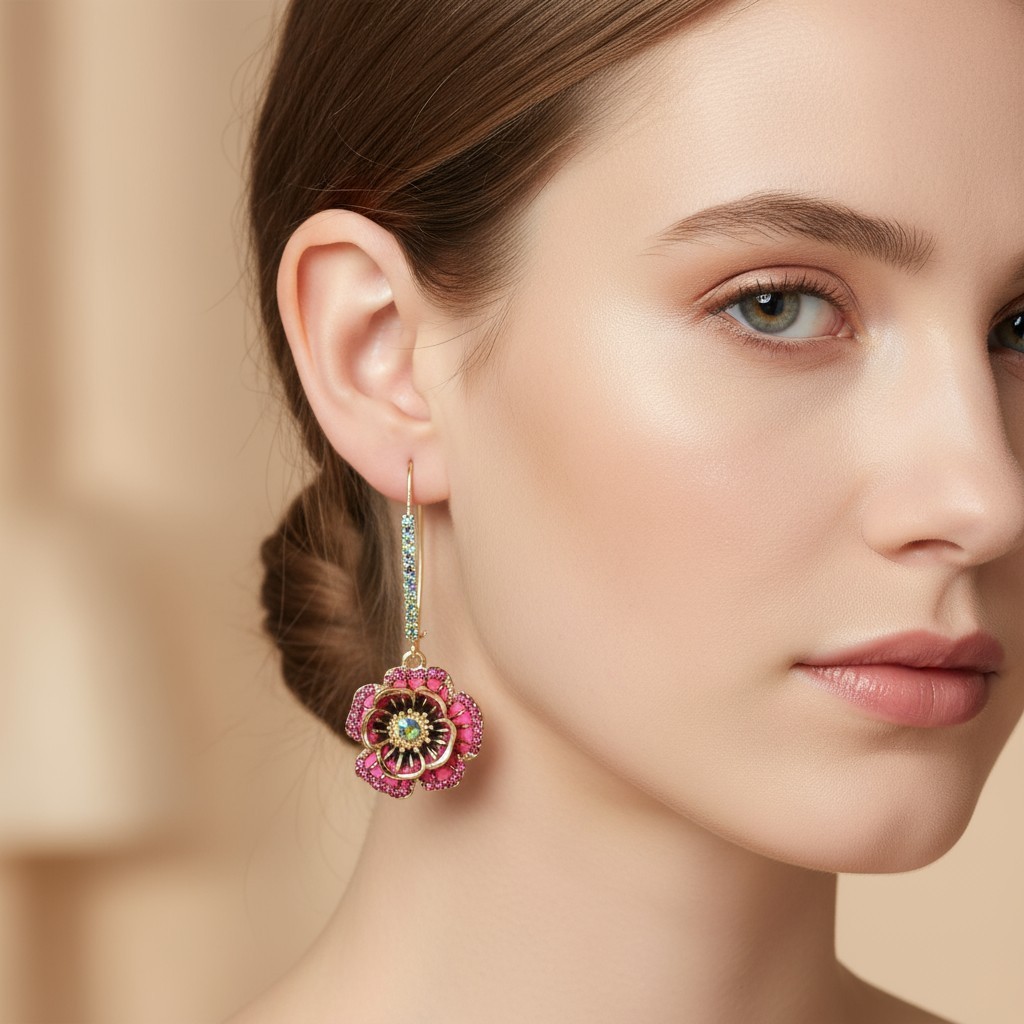 Betsey Johnson Rose Dangle Earring Iridescent Stones and Mixed Stone Accents
