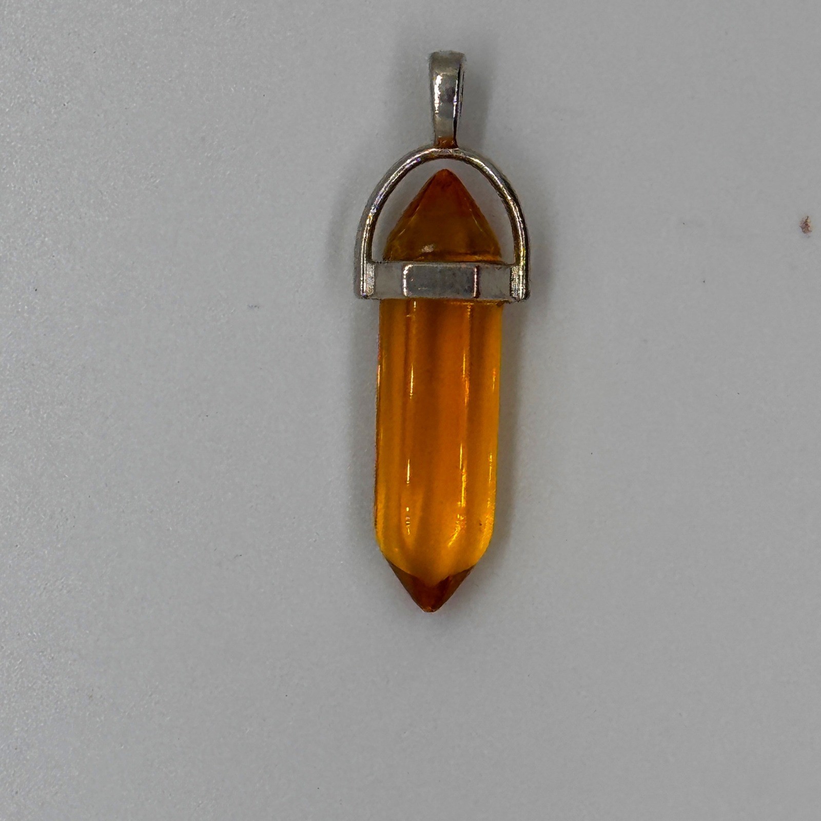 Amber Orange Hexagonal Crystal Point Pendant Silver Tone Bail Bullet Charm