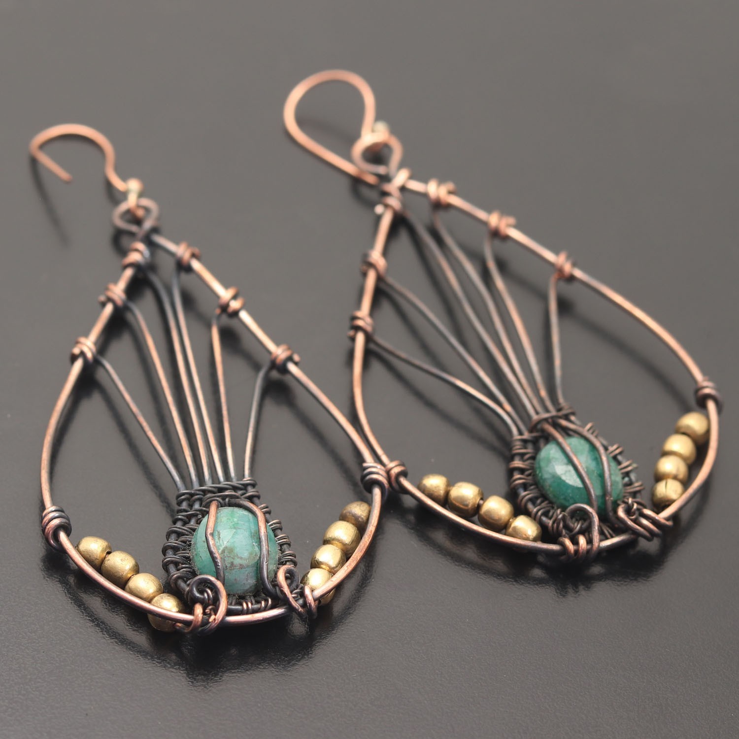 Green Zade Gemstone Copper Wire Wrapped Handmade Earring Jewelry Gift For Wife