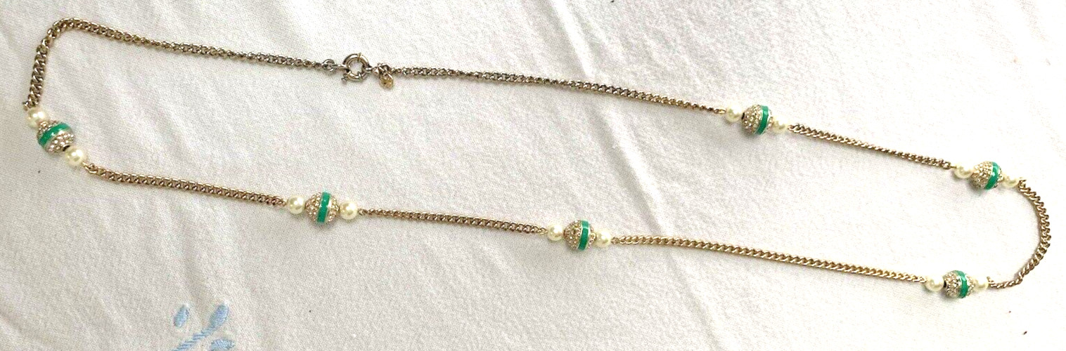 J .Crew Station Pearl and Pavé Rhinestone Chain Necklace Gold Tone 38 Inches