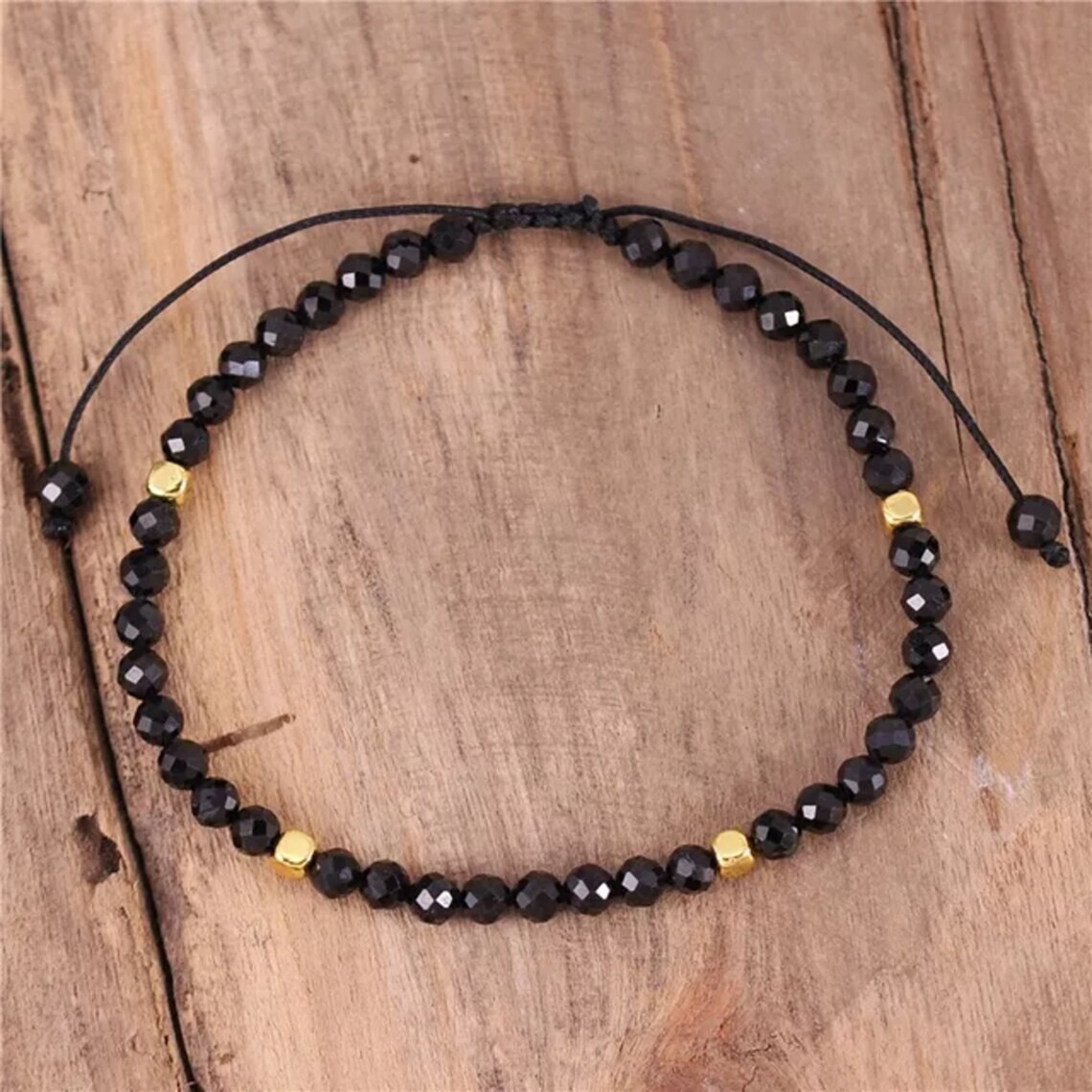 Natural Black Obsidian Spinel Beaded Braided Bracelet Strength Anxiety Relief