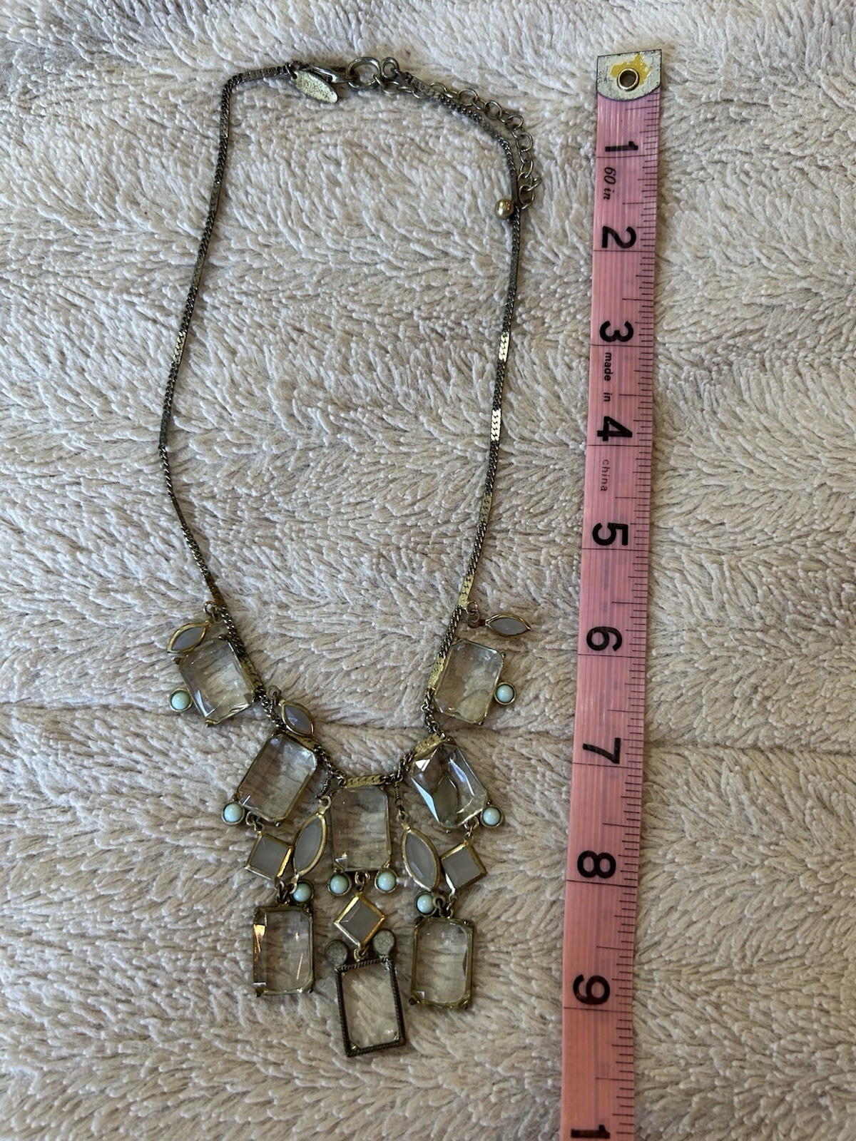 Gold Tone Statement Necklace Clear Rectangle Crystal Charms Adjustable 19-24in