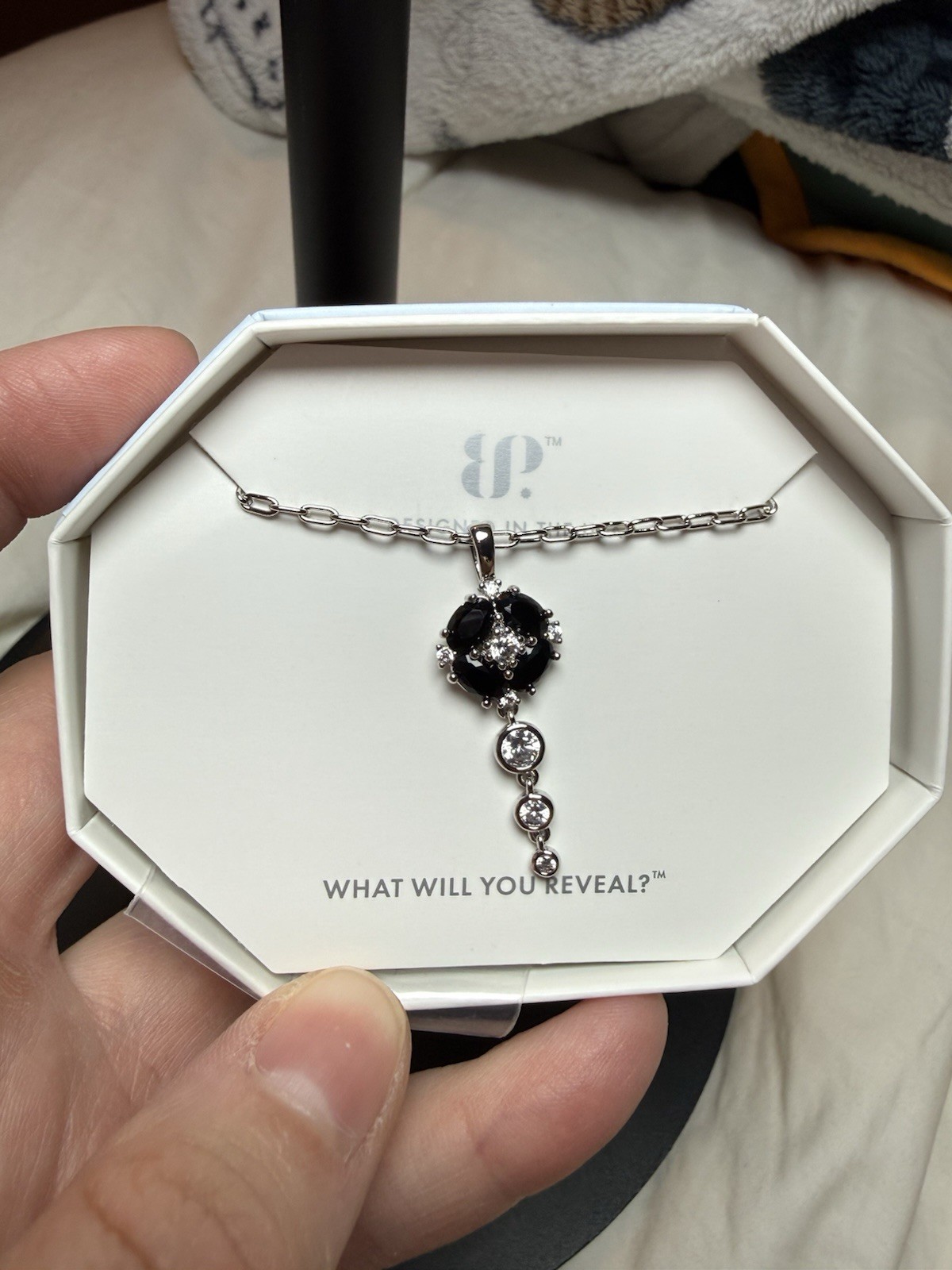 BP Silver Tone Asymmetrical Drop Pendant Necklace Black Onyx Oval Crystal