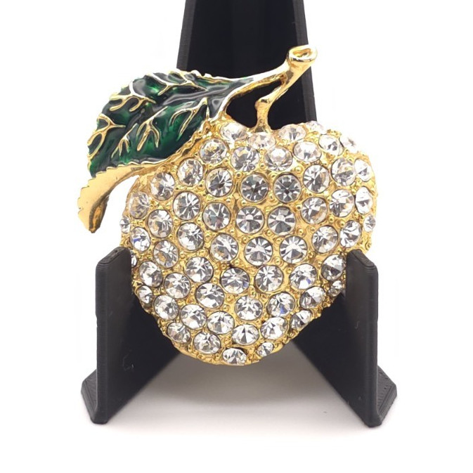 Vintage Gold Tone Clear Pavè Rhinestone Apple Brooch Pin Green Enamel Leaf