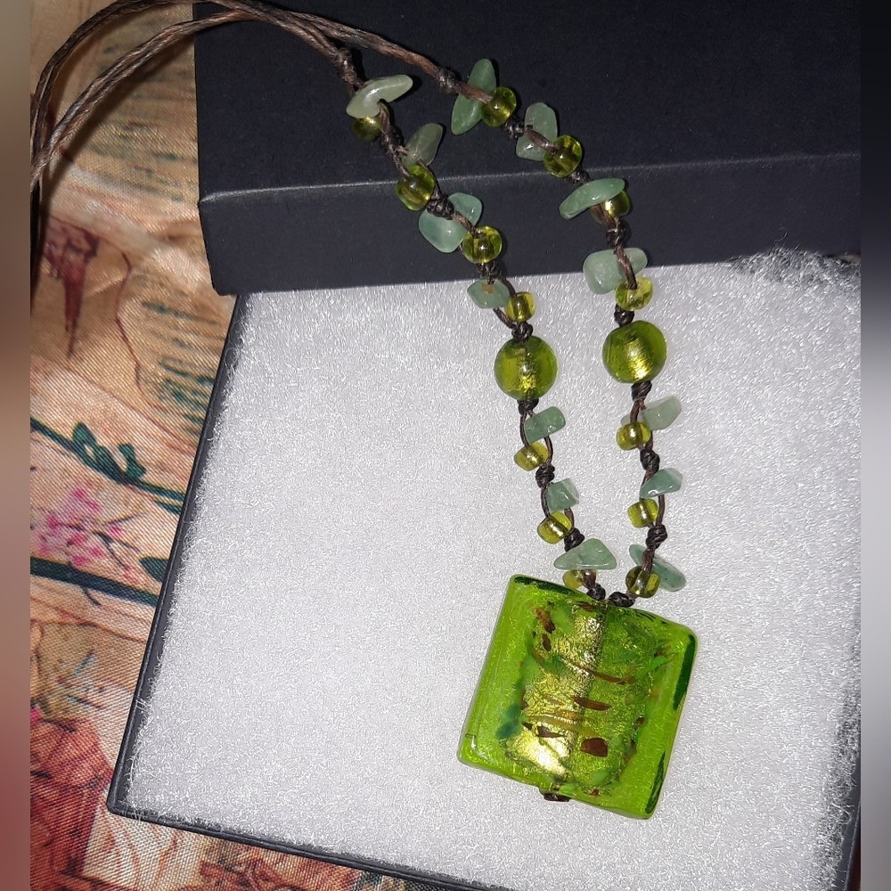 art glass and stone nugget necklace on 16in cord
