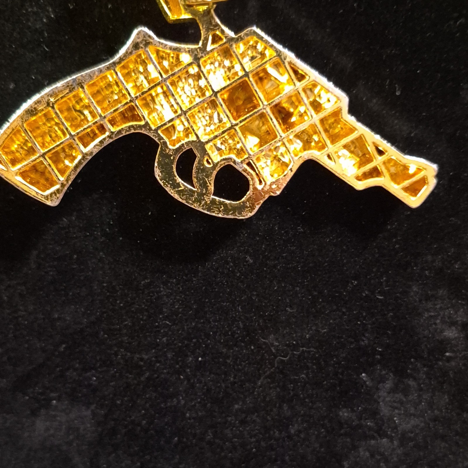 Gold Plated Cuban Link Chain Necklace w/ Gun Charm, Simulated Diamond, Box