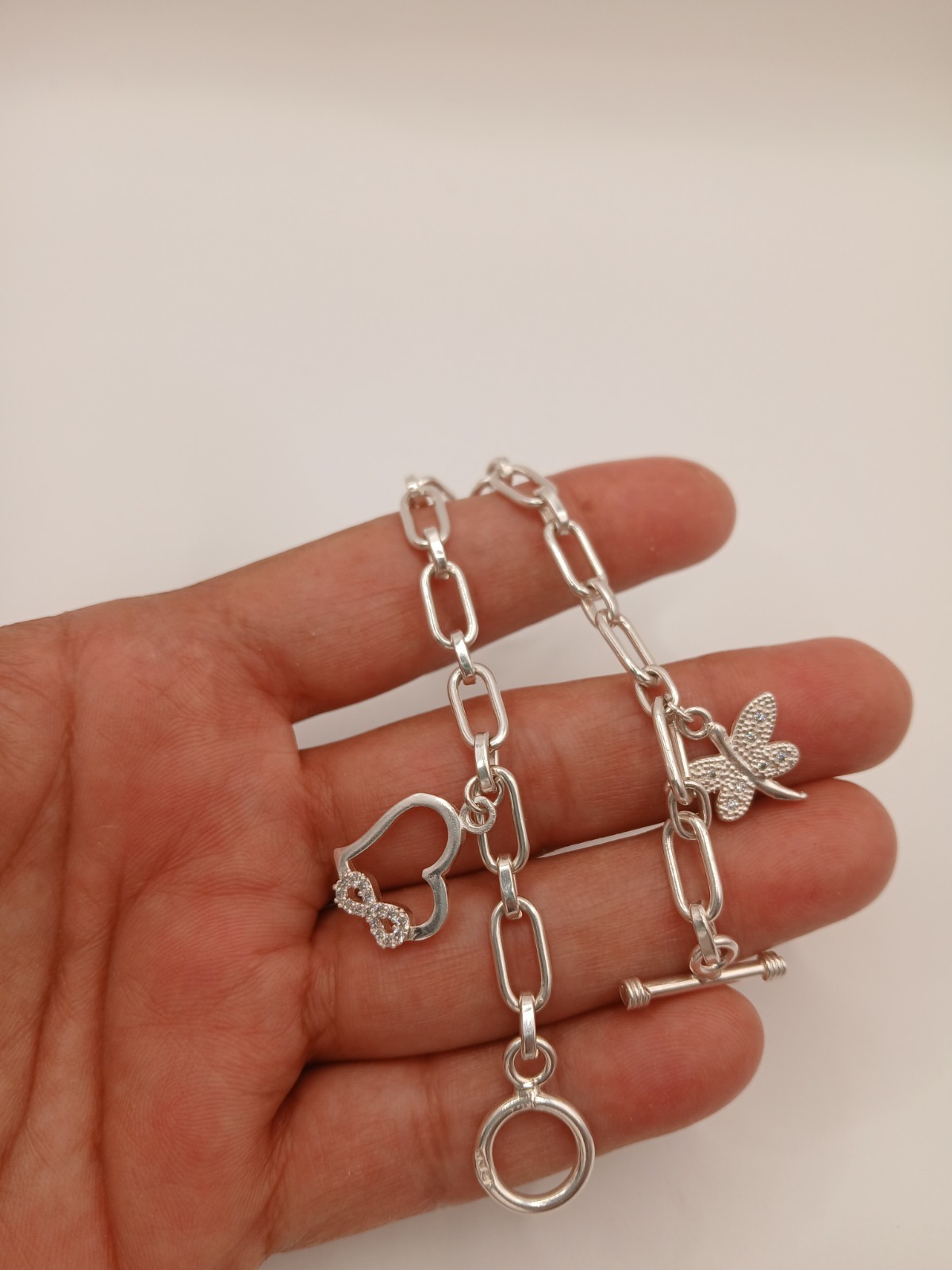 Sterling Silver 925 Link Chain Charm Bracelet Dangle Toggle 7.6-8 in