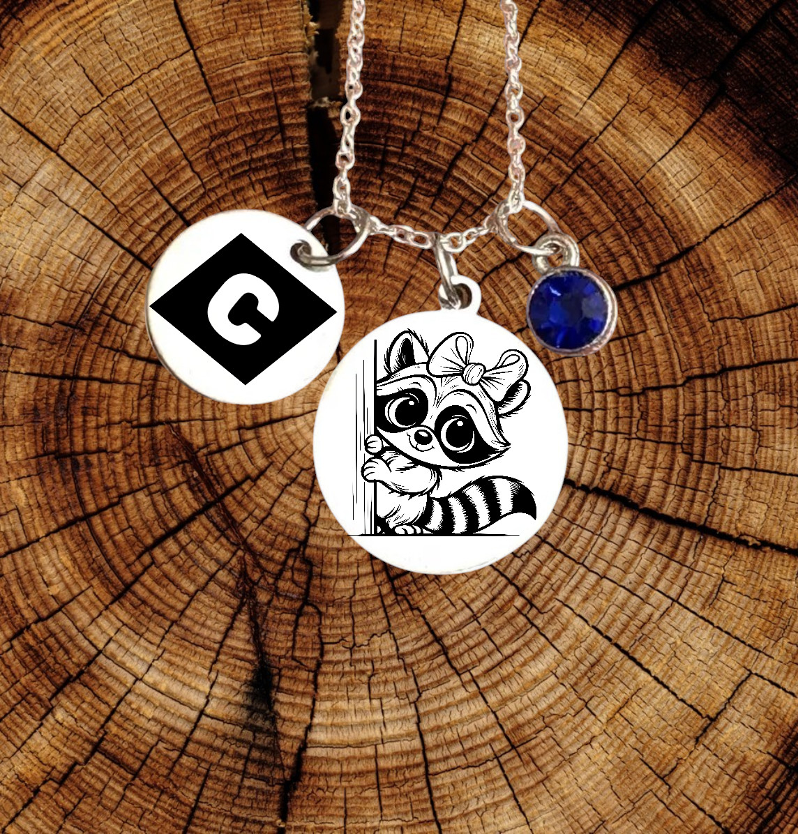RACOON Necklace Personalized with Birthstone & Initial & Back Text Free
