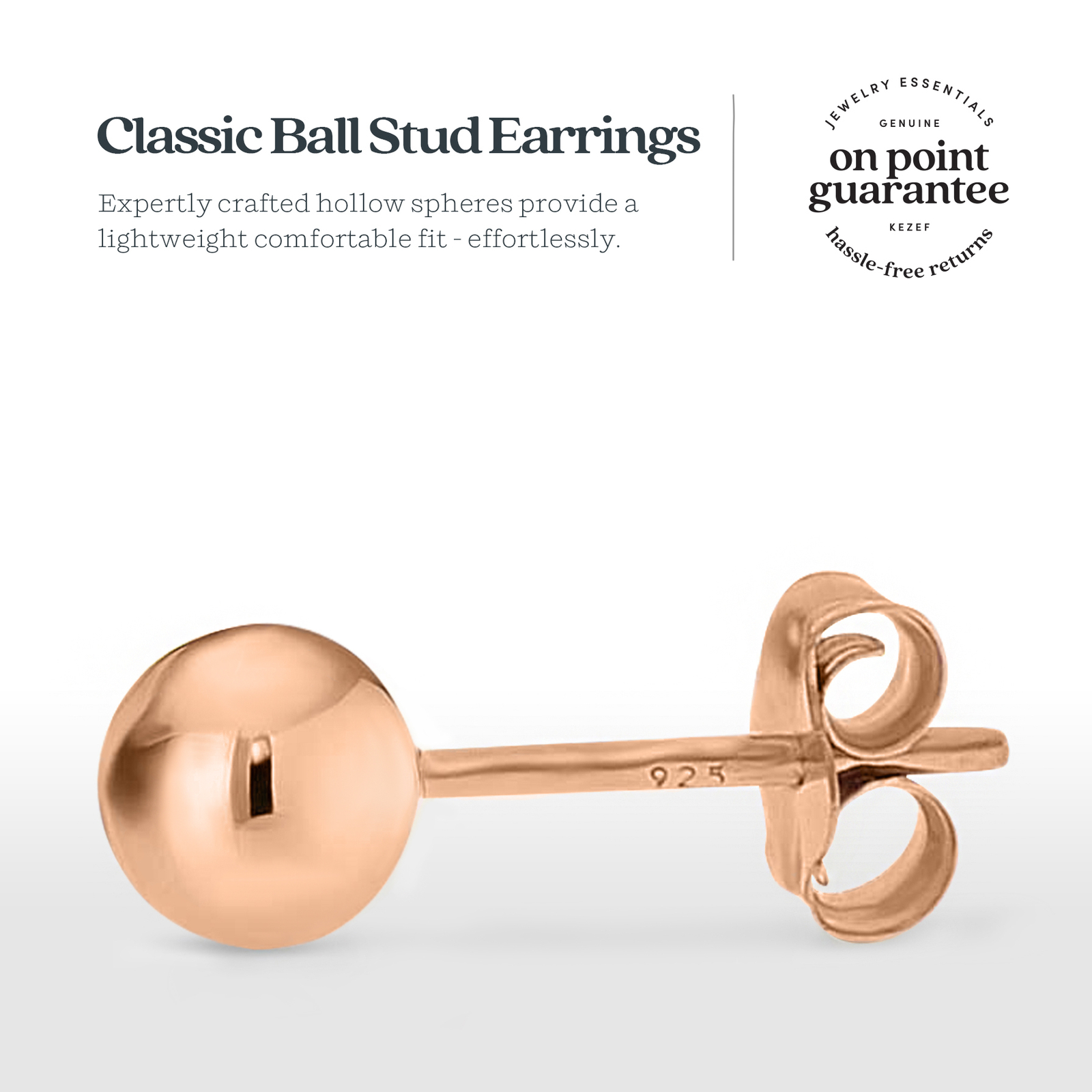 Rose Gold over 925 Silver High Polish Smooth Round Ball Stud Earring 3-Size Set