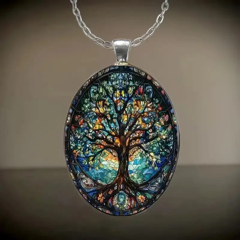 1 Piece Stylish Elegant Tree of Life Pattern Oval Alloy Glass Necklace Romantic