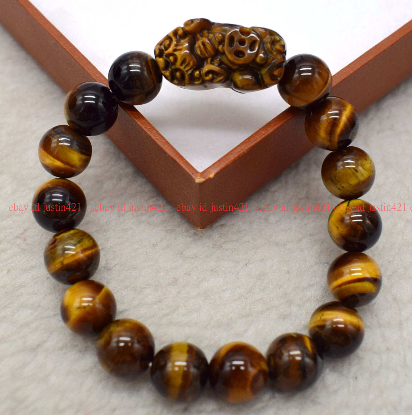 Pretty 8/10/12/14mm Yellow Tiger’s Eye Round Beads Pixiu Pendant Bracelet 7-9″