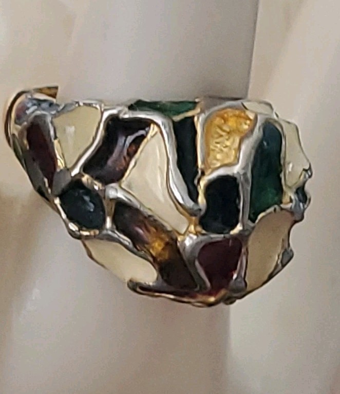 vintage modernist enamel dome ring, Chunky mosaic “brutalist” F5