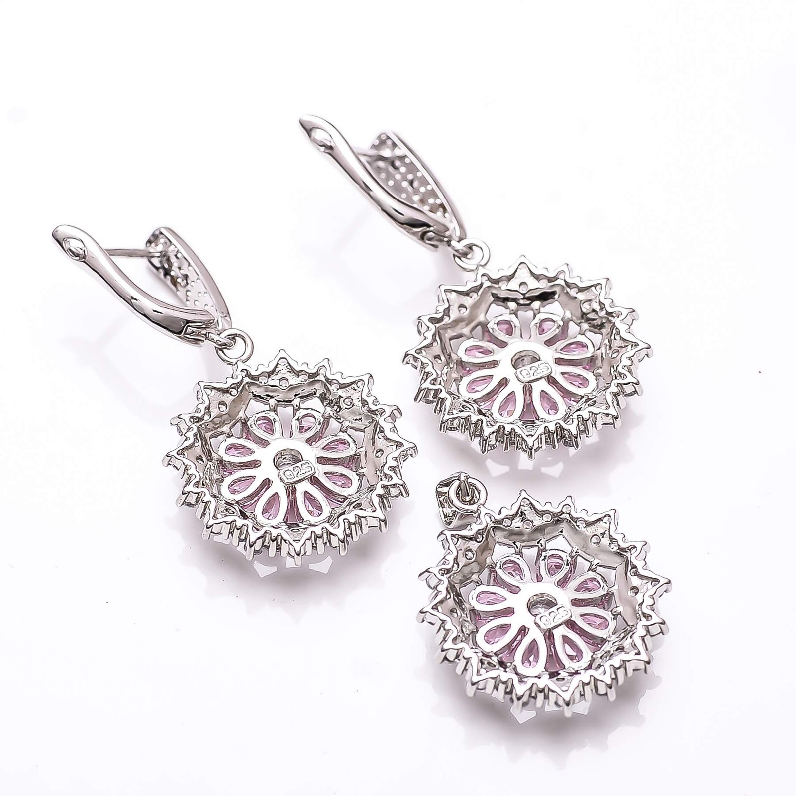 Pink Sapphire – Simulated & CZ 925 Silver Handmade Flower Pendant Set PS84