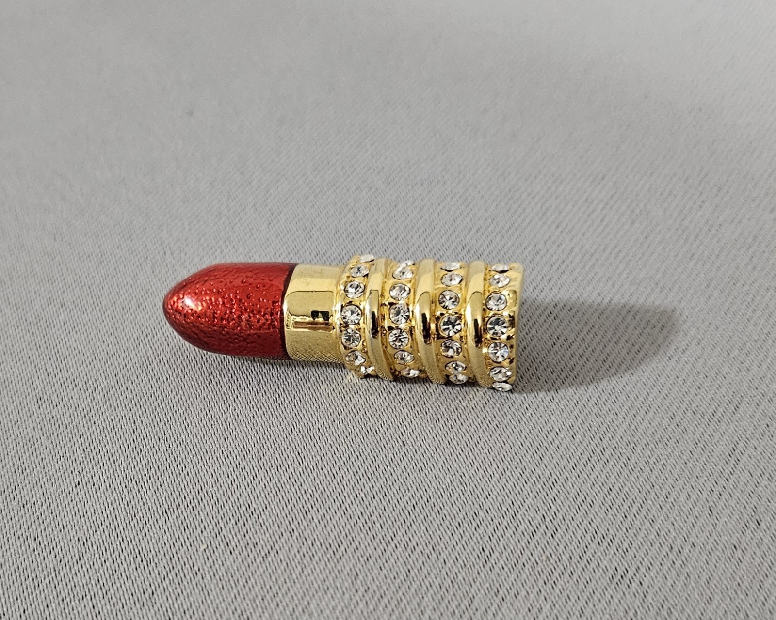 Lipstick Brooch Pin Red Enamel Gold Tone Rhinestones Costume Jewelry