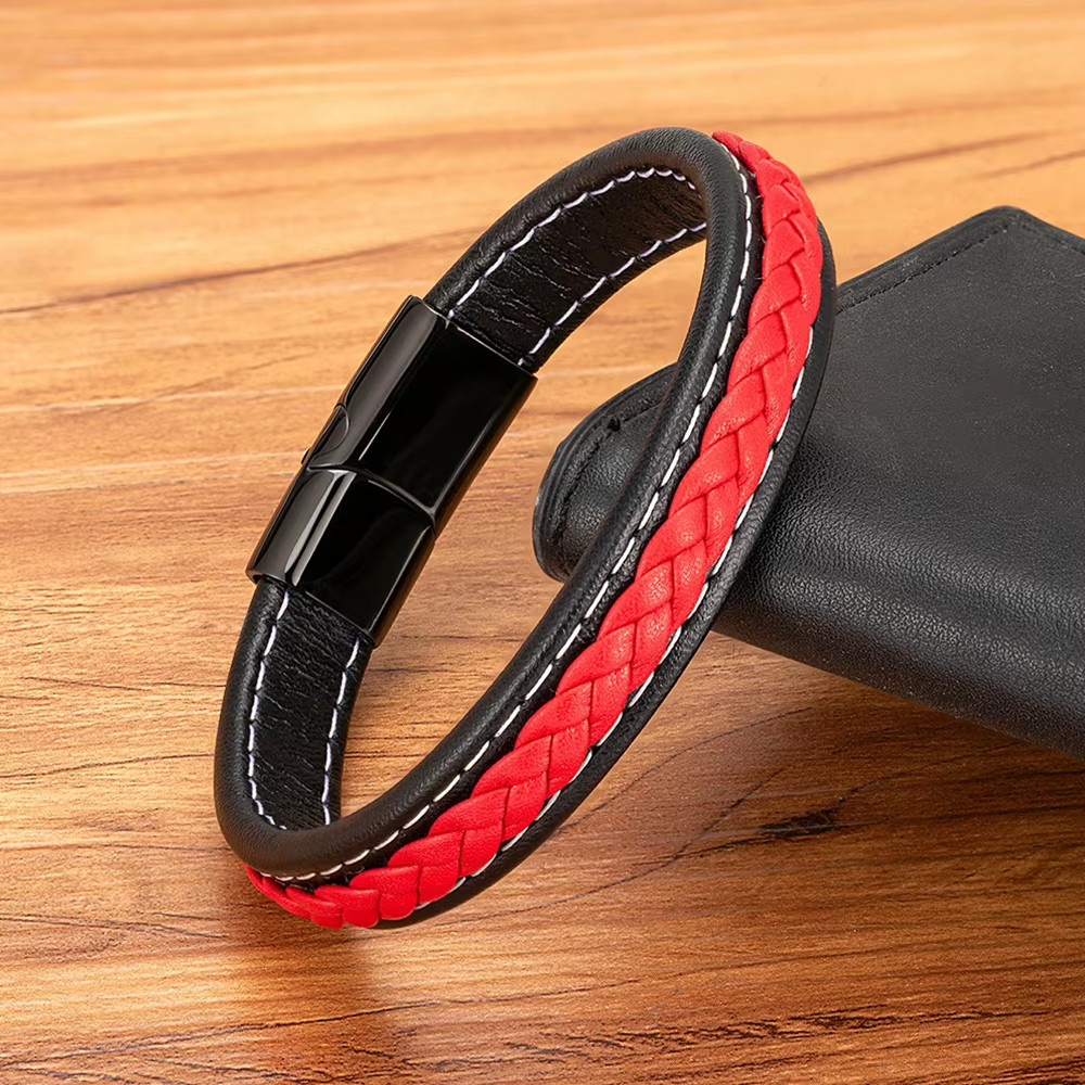 Black & Red Braided Rope Leather Bracelet Men Stainless Steel Charm Jewelry Bang