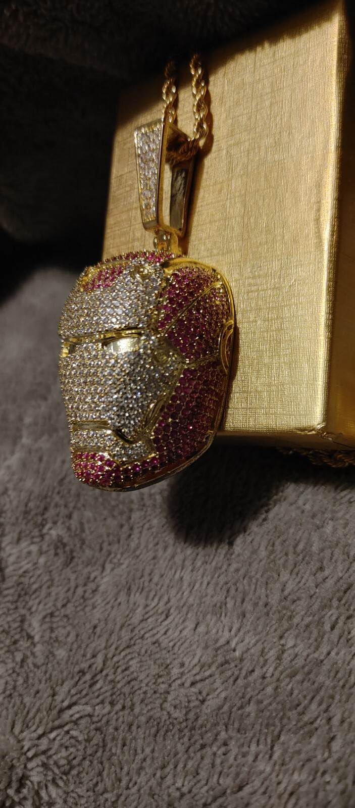 Ice Out Iron Man Pendant Brass Plated With 24in Stainless Steel Necklace