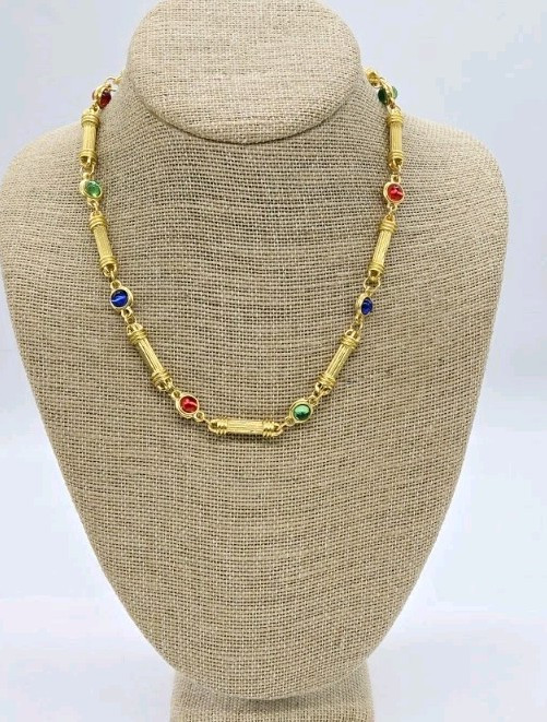 Gripoix Style Staion Necklace Red Blue Green Matte Gold Tone Poured Resin 19 in