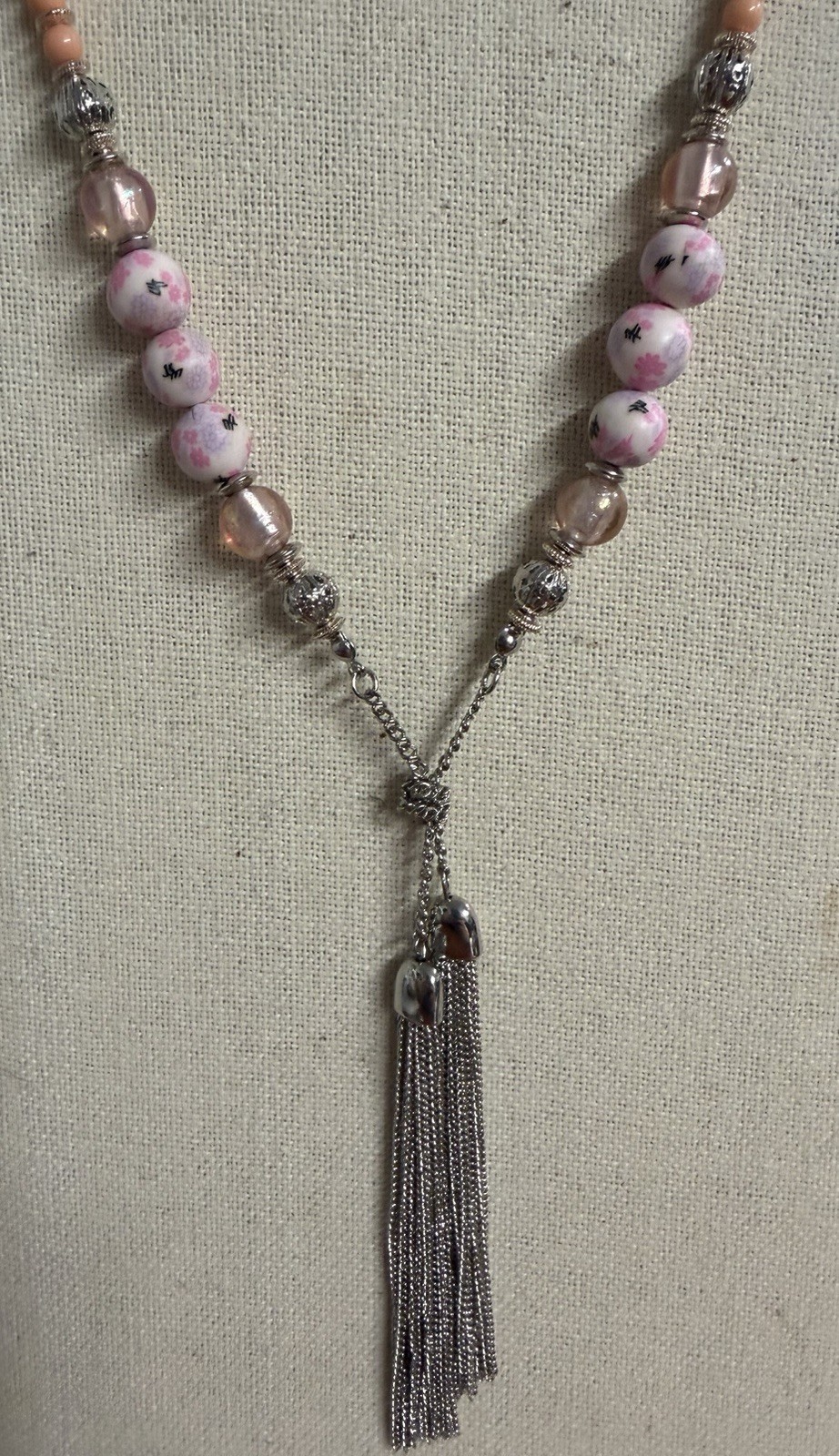 32” Ruby Rd Silver Tone Tassle Necklace With Coral And Pink Clay Beads