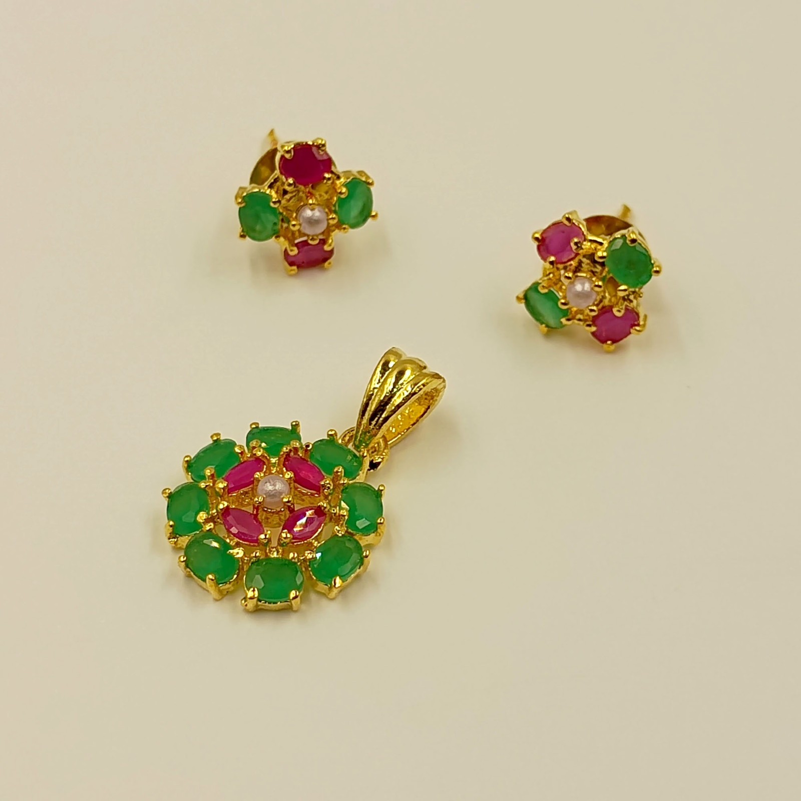 Ruby Emerald Pearl Pendant Set, 22k Gold Plated Traditional Indian Wedding Jewel