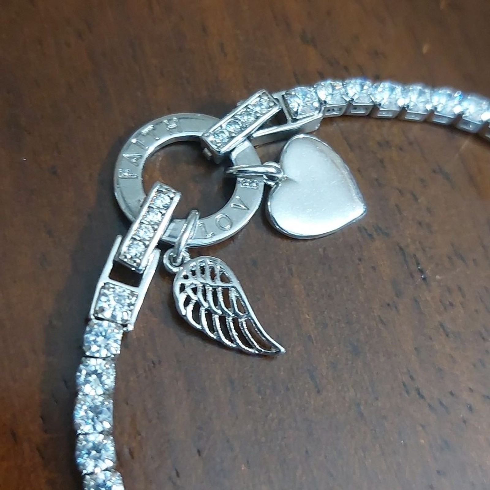 IBB CN Stamped Cubic Zirconia Tennis Bracelet Wing Heart Charms Faith Love