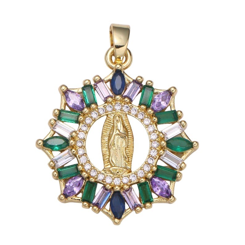 18k Gold Filled CZ Pave Virgin Mother Mary Pendant, Purple and Green Cubic Zirco
