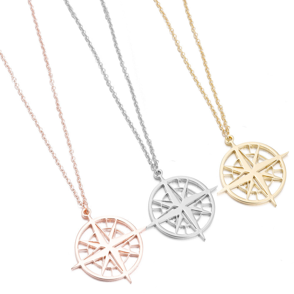 1 Piece stainless steel Filigree Compass Necklace Silver/Gold Wholesale FJS94