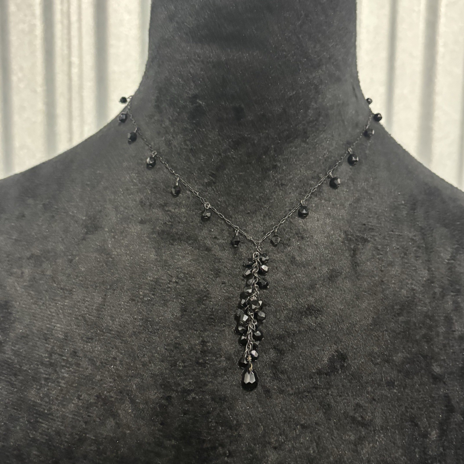 Y Drop Necklace Black Beaded Womens Faceted Gothic