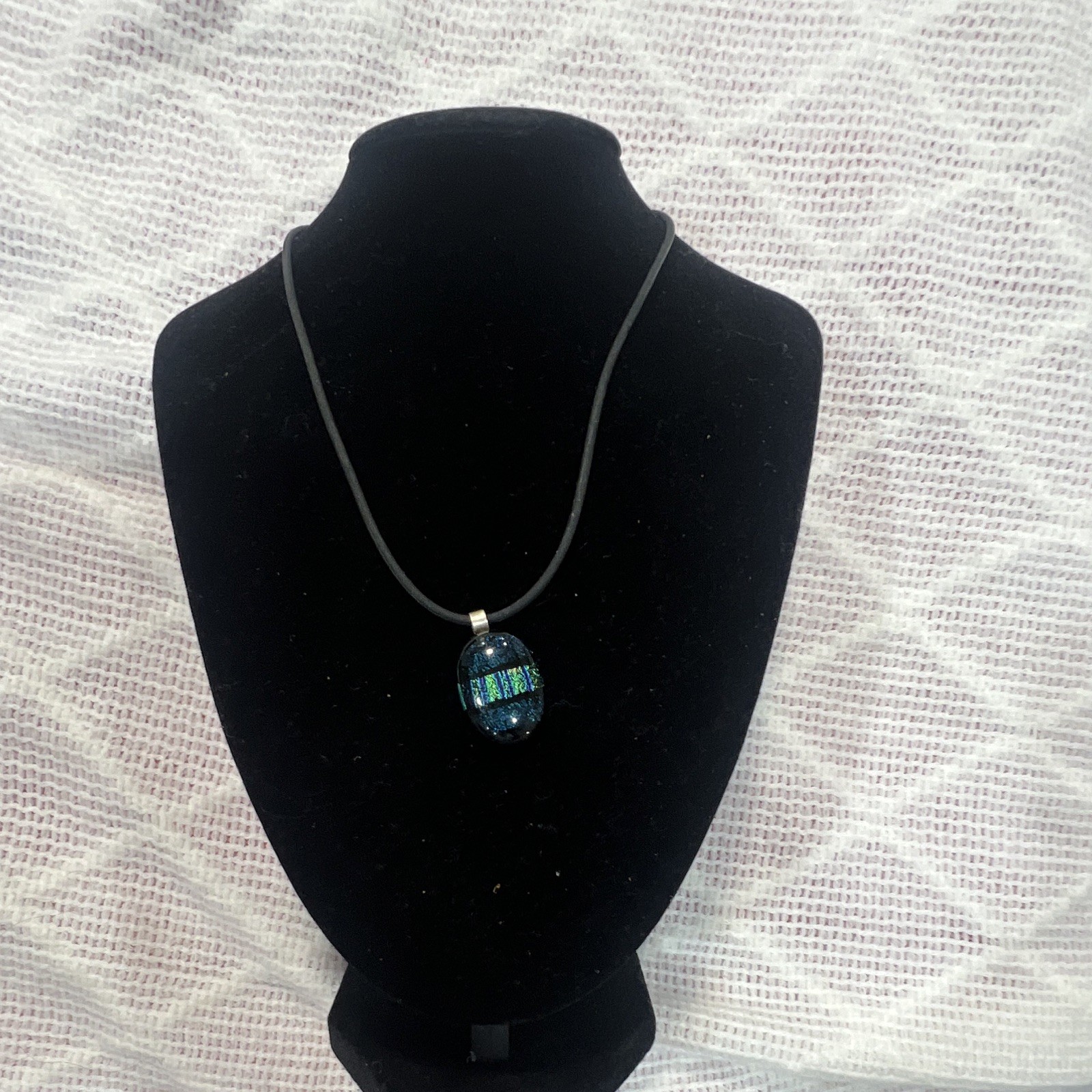 Black Cord Necklace Oval Glass Bezel Charm Pendant Blue Green No Clasp