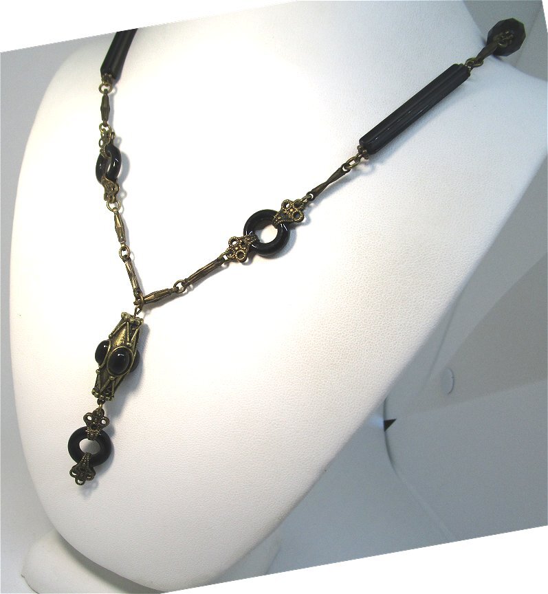 SWEET ROMANCE Pendant Necklace w Bronze Tone and Glass 36” long pendant: 2 1/2”