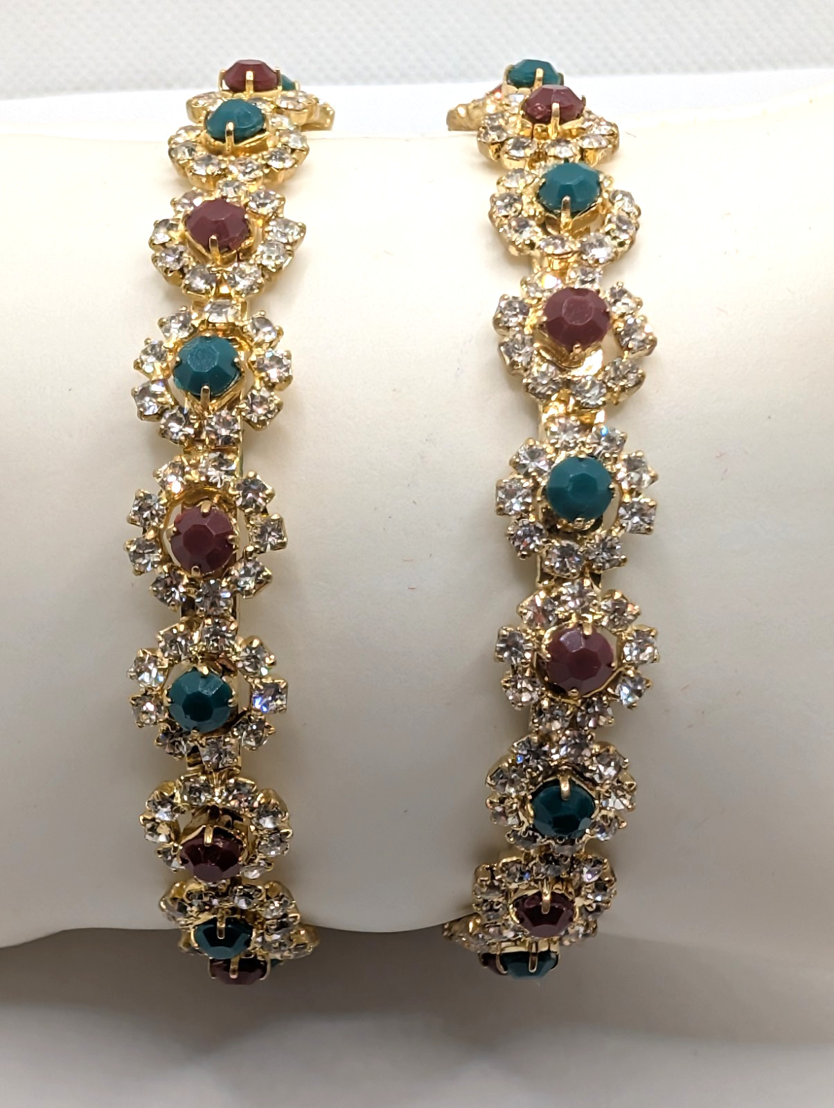Gold color finish Green & Red Floral Bangle Set of 2 Bracelets -7.25″