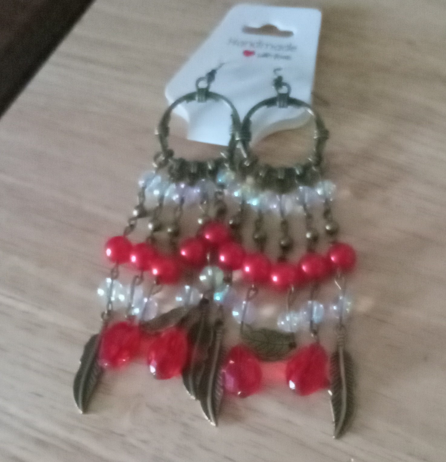 Red Beaded Dangle/Drop Earrings Pair, Metal Plastic, Hook Closure, Lobe