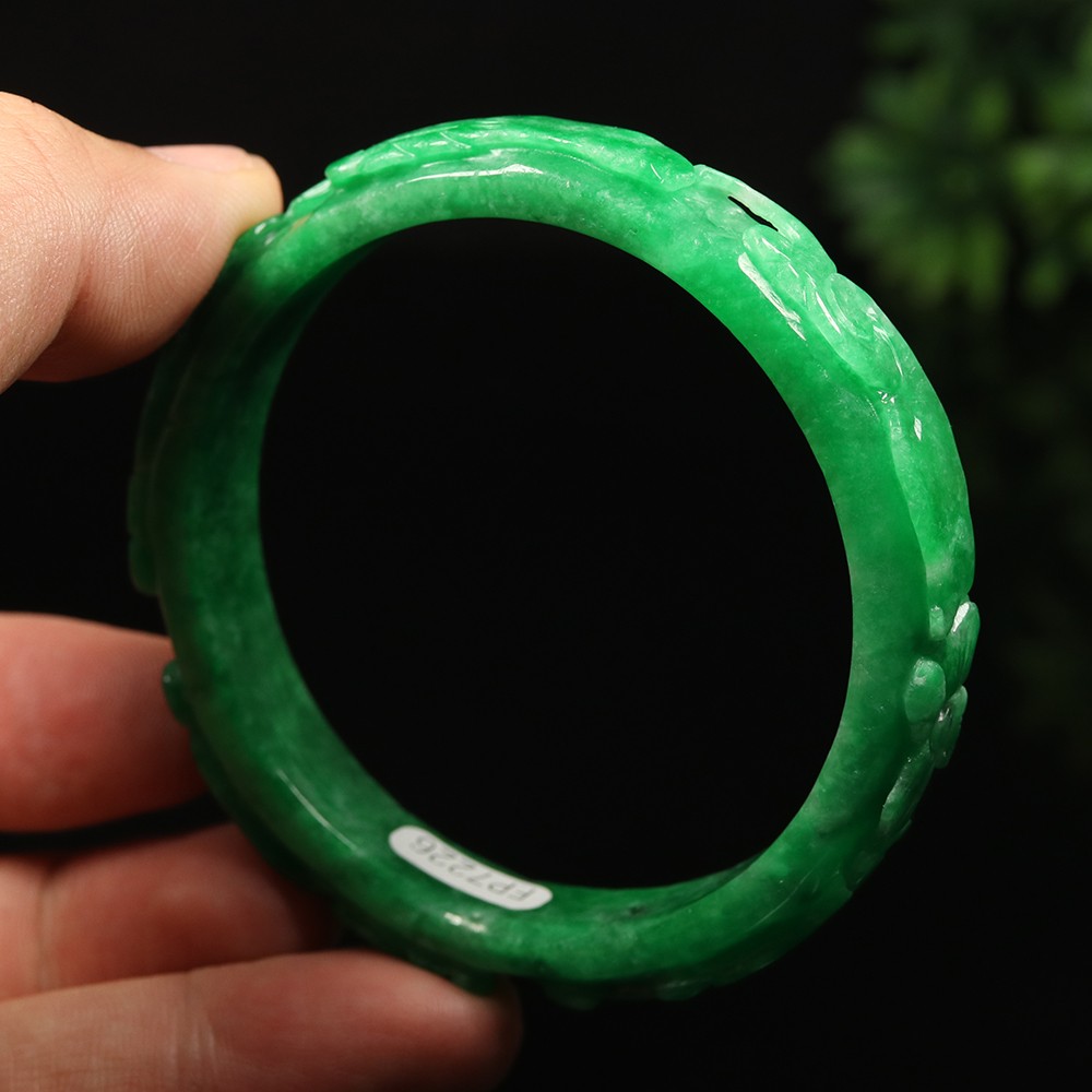 59mm Emerald Green Jadeite Jade Bangle Bracelet Handmade Ruyi Flower Bat A-14505