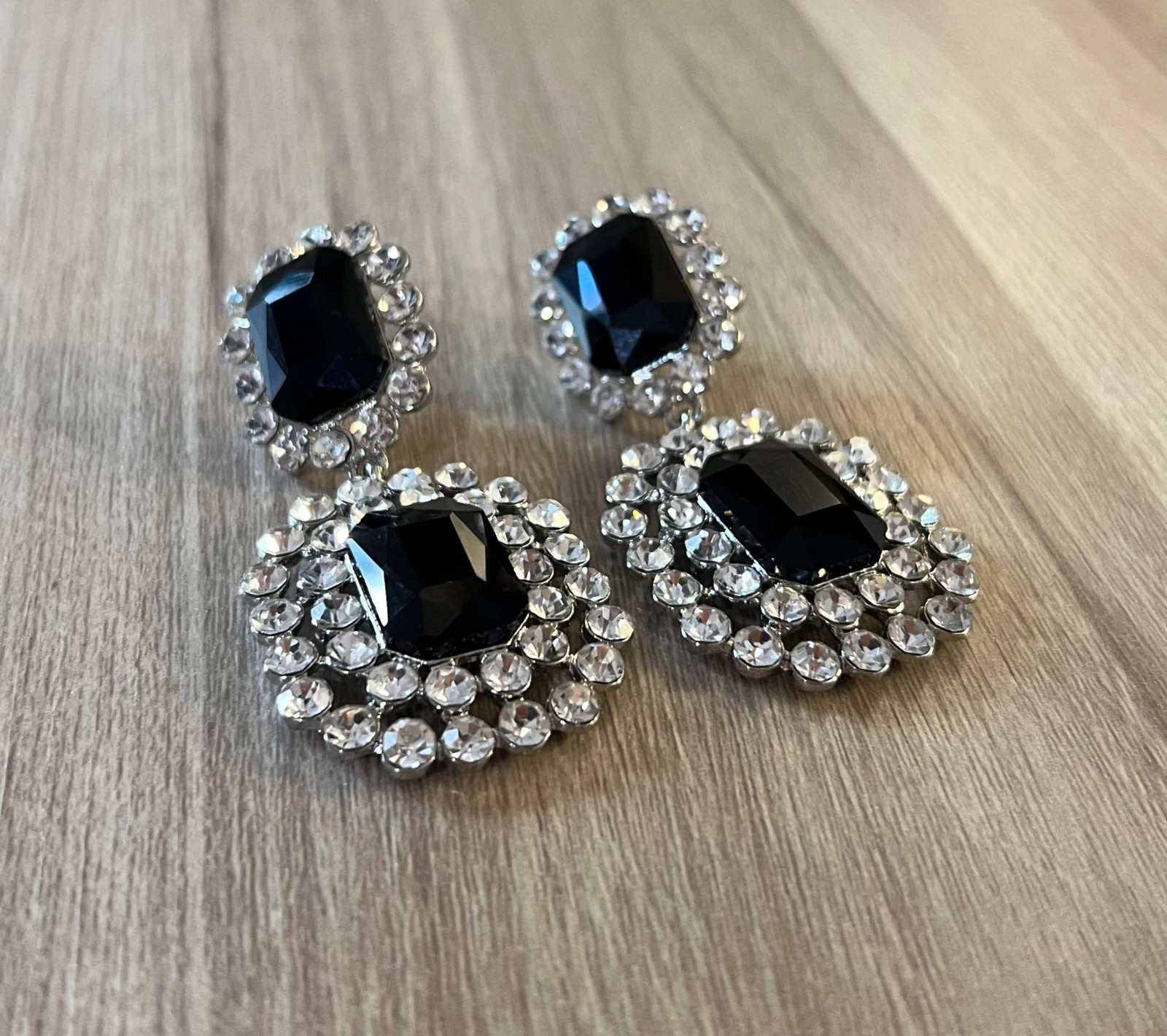 Vintage Black Crystal Rhinestone Drop Earrings Statement Bridal Jewelry Gift