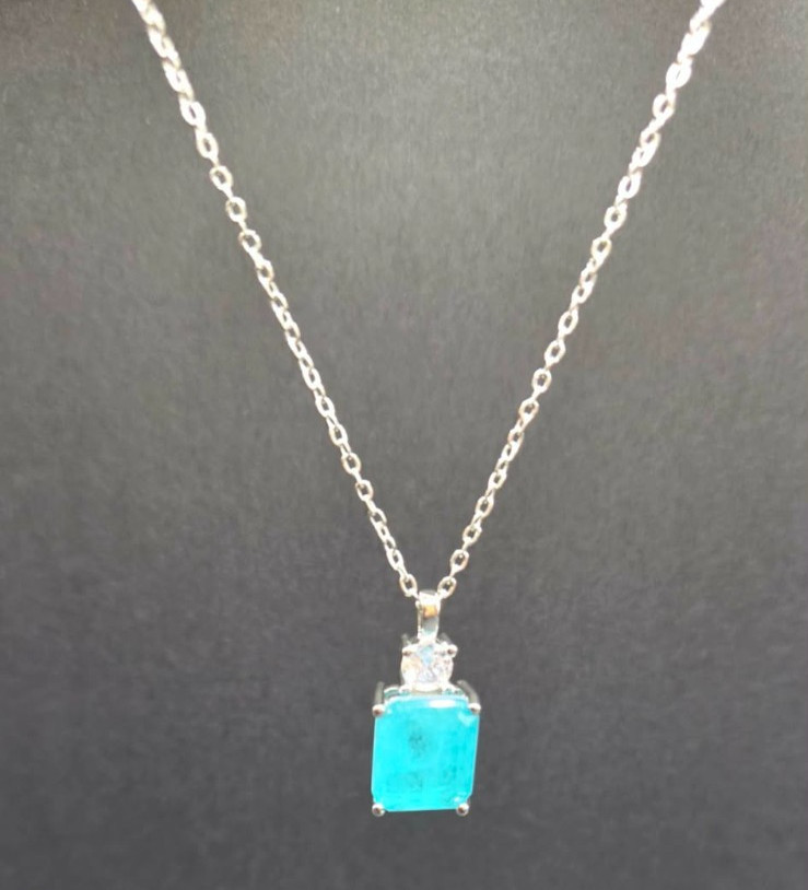 Emerald Cut Silver Tone Turquoise Blue Stone Accent Pendant Necklace