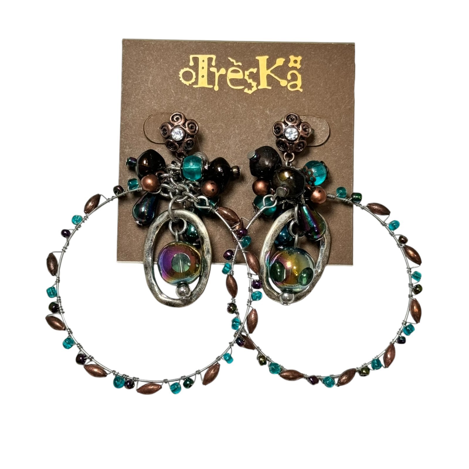 TRESKA Pierced Post Dangle Beaded Hoop Earrings New on Card