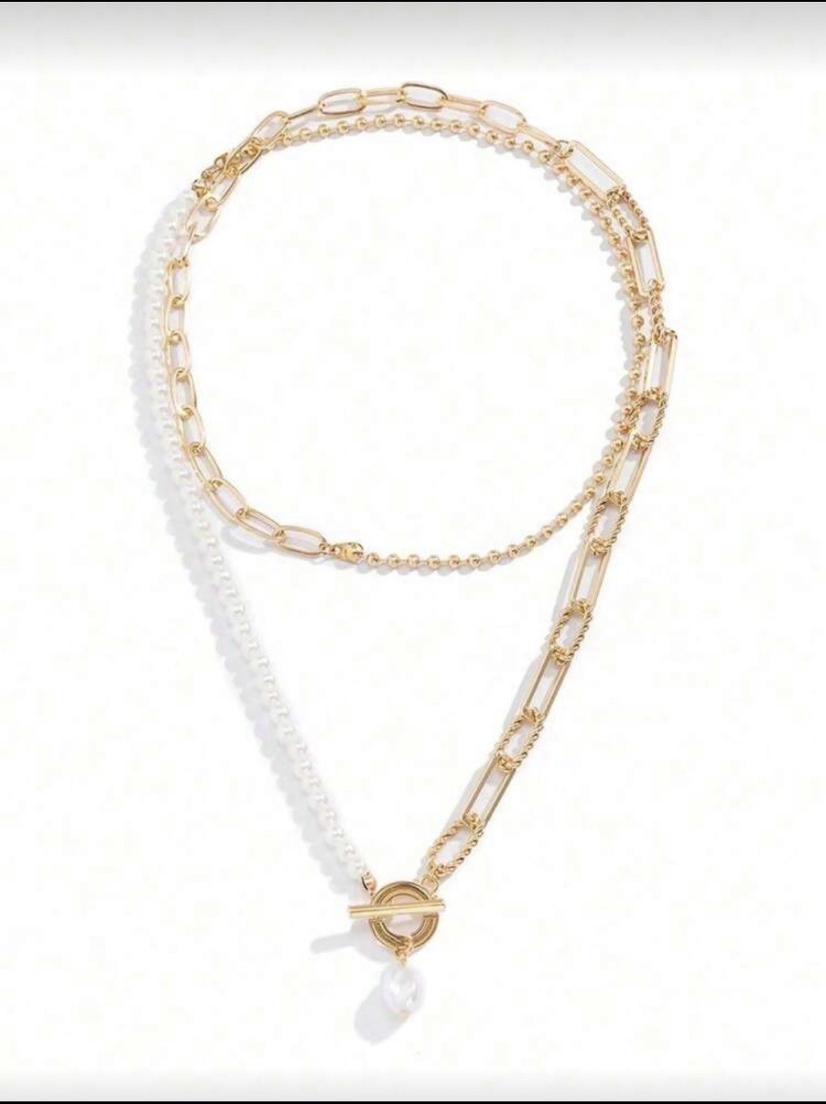 Vintage Baroque Pearl & Paperclip ChainNecklace – Elegant Toggle Clasp