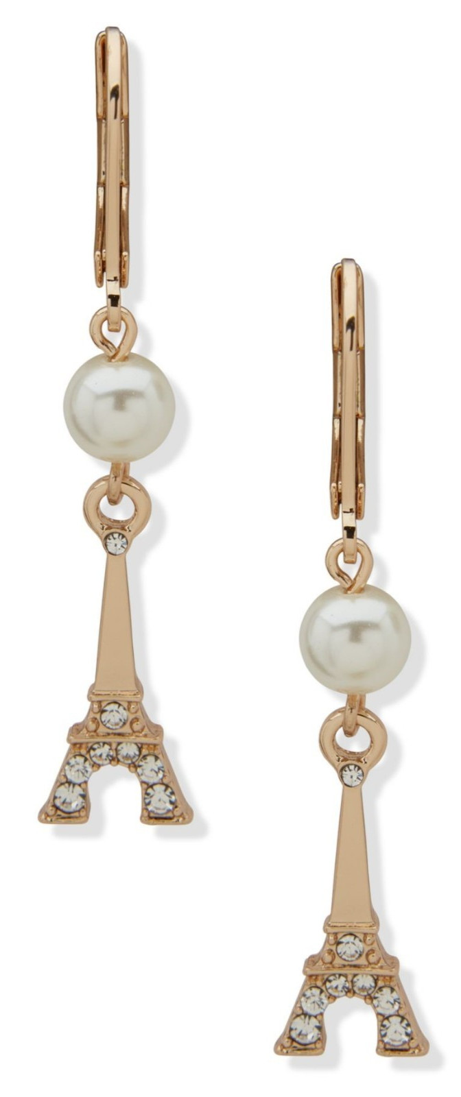 KARL LAGERFELD PARIS Earrings Drop/Dangle Faux Pearl Eiffel Tower NWT Gold-Tone