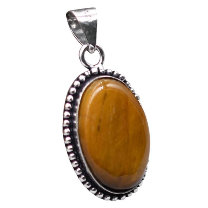 Tiger Eye Natural Gemstone Antique Silver Plated Pendant 2″ J 1089