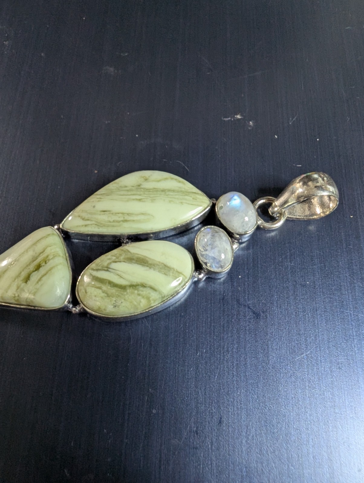 Larsonite Jasper Moonstone silver plated pendant 2.62″ long DAD1072