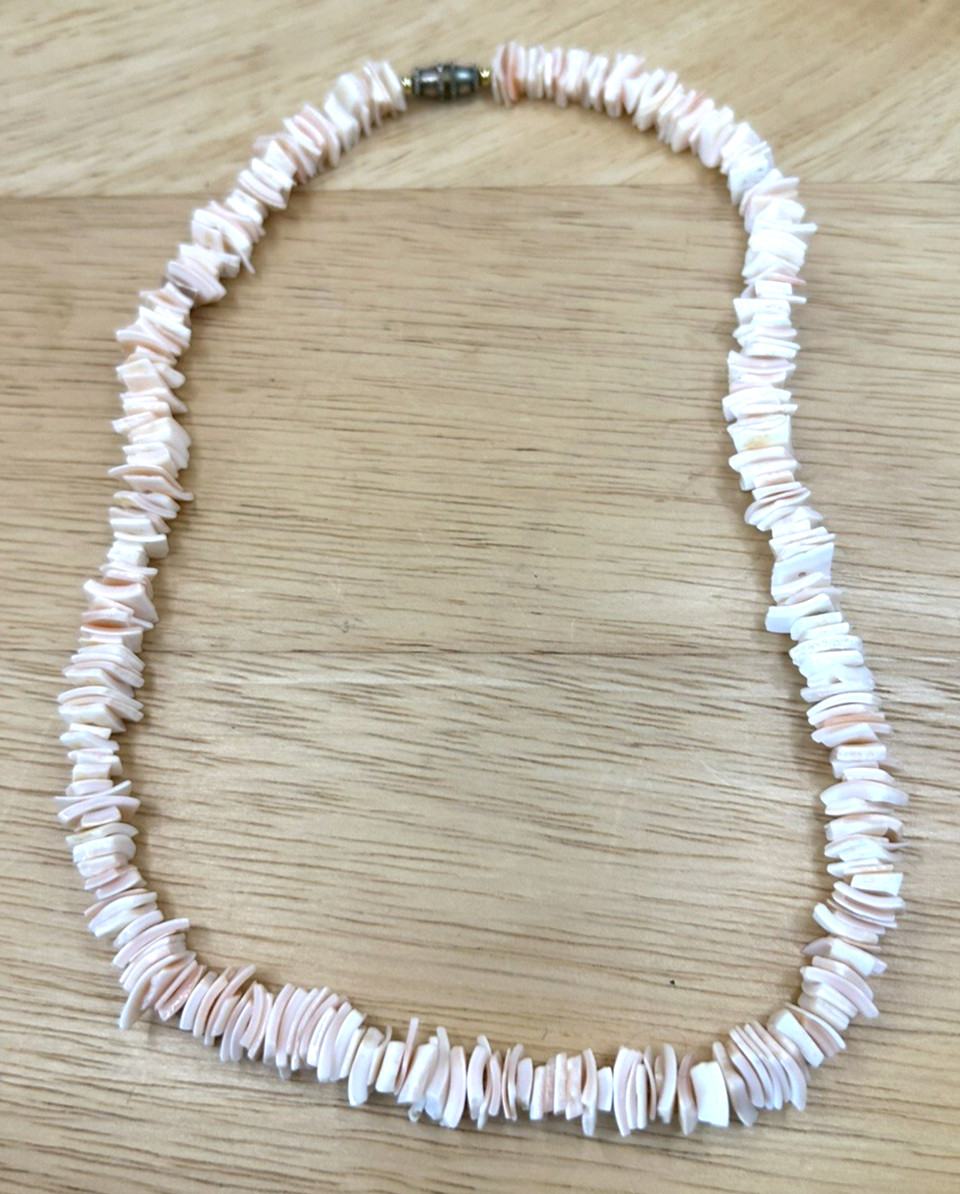 Three Vintage 2 Pale Pink, 1 White Puka/Hawaiian necklaces, 2-16 in, 1-18 in