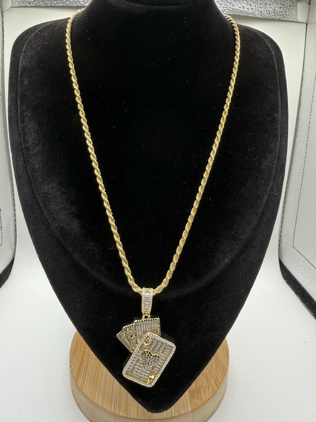 Moissanite Ace Cards Pendant w/ 20” Rope Chain-Gold Over 925 Silver