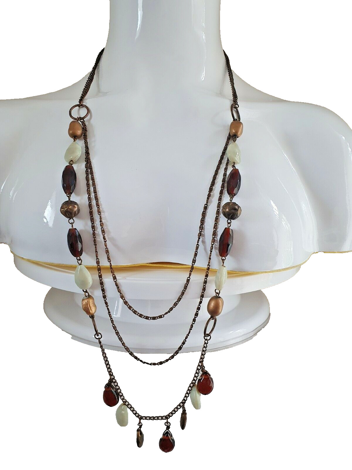 Long Multi Strand Old Antique Gold Tone Chain Faux Amber Agate Necklace cbm-1744