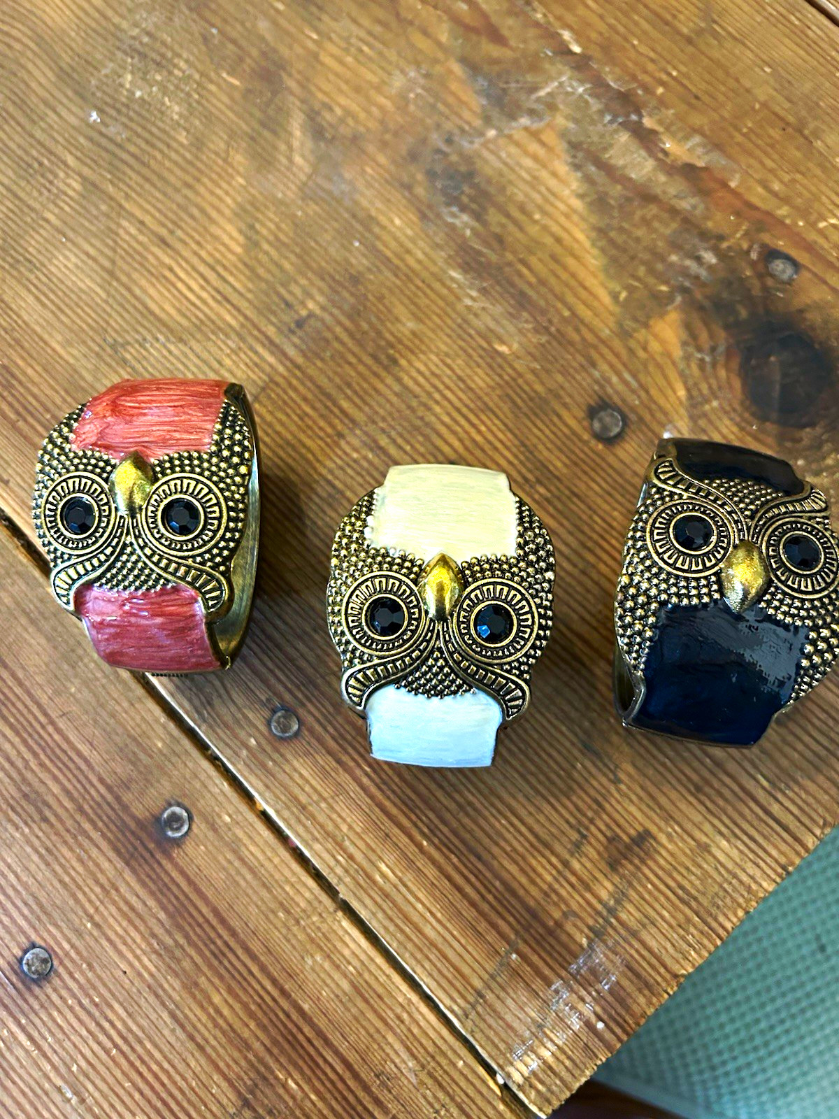 Lot of 3 Owl Face Metal Cuff Bracelets Hinged Closure Multicolor