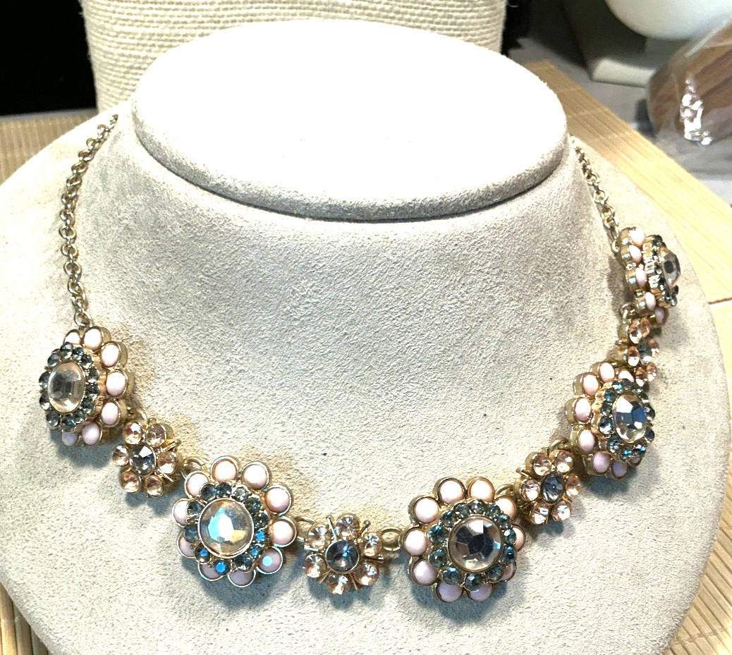 Fashion Necklace Gold Tone Pink Yellow Smoke Rhinestone Flower Choker 103E
